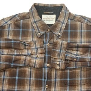 Weatherproof Vintage Mens XL Brown Blue Plaid Cotton Flannel Button Down Shirt